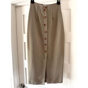 Vintage Taupe Pinstripe Midi Skirt Button Front 90s Minimalist Pencil Skirt